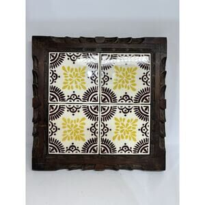 Vintage ‘60s Orion Mexican 4 Tile Trivet in Carved Wood Frame Retro Yellow Brown